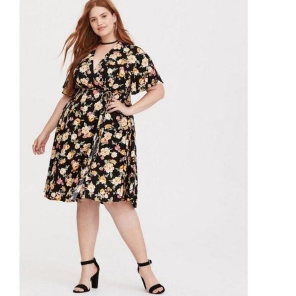 Torrid Black Yellow Pink Floral Faux Wrap Challis Midi Dress